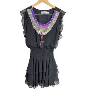 Tbags Los Angeles Mini Dress Bohemian Gypsy Black Ruffle Detailed‎ Size XS